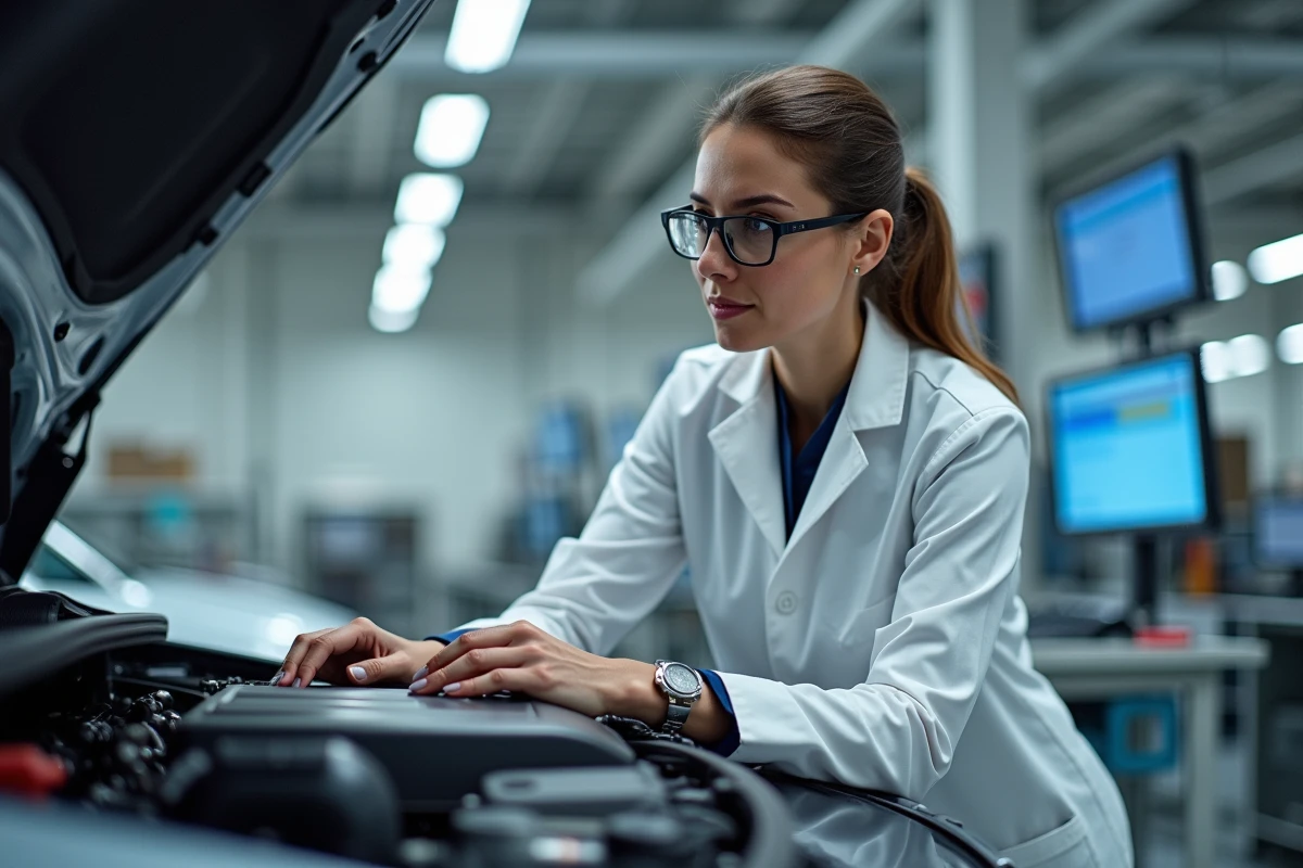 Ingénieure automobile inspectant un groupe motopropulseur hybride dans un laboratoire de recherche high-tech