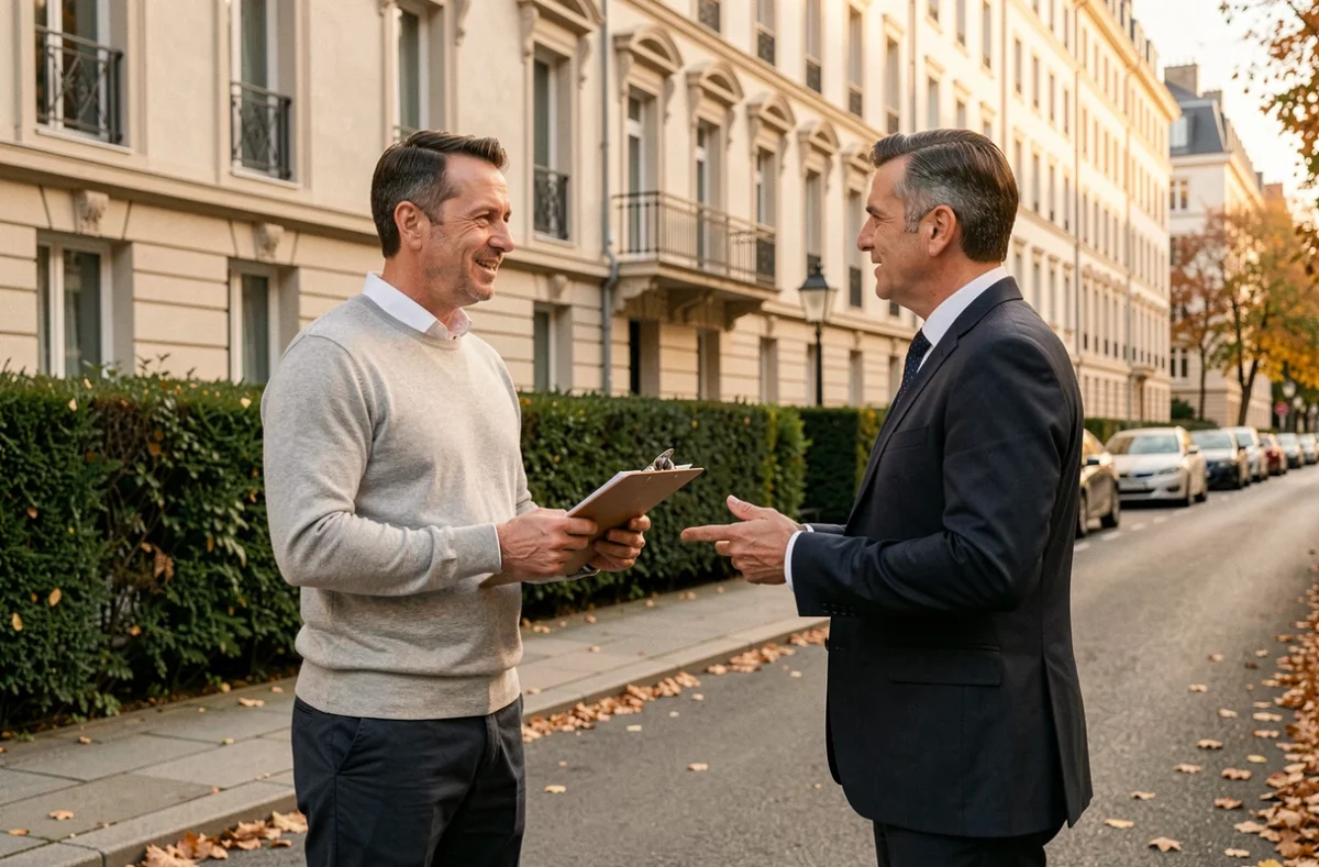 Investisseur immobilier discutant avec un agent devant un immeuble résidentiel rénové dans une rue européenne en automne