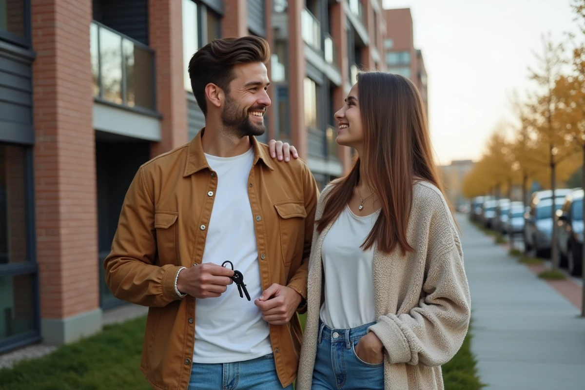 Jeune couple heureux devant un immeuble résidentiel urbain