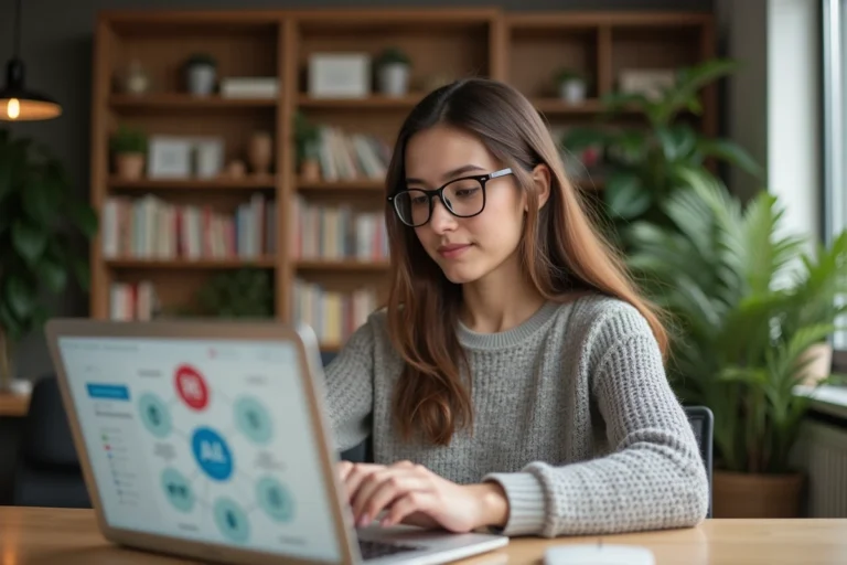 Jeune femme concentrée utilisant un ordinateur pour la plateforme santé