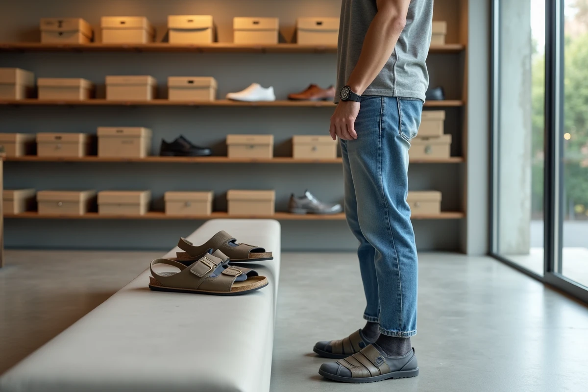 Jeune homme dans un magasin de chaussures regardant des sandales