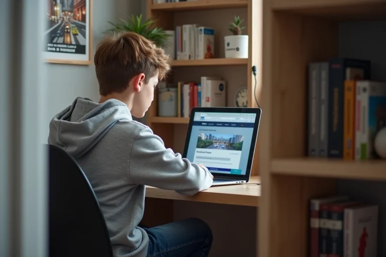 Adolescent assis à son bureau avec ordinateur pour l'examen de sécurité routière