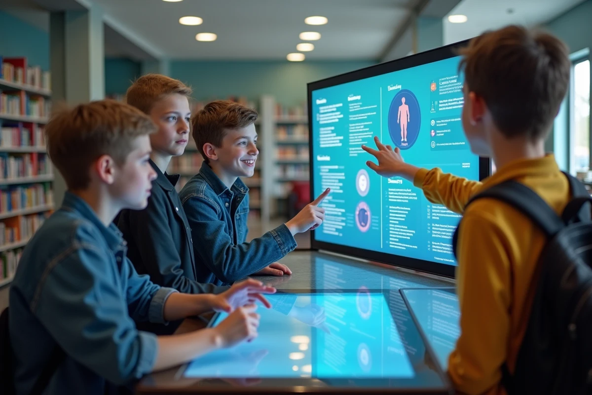 Groupe d adolescents explorant une infographie santé interactive