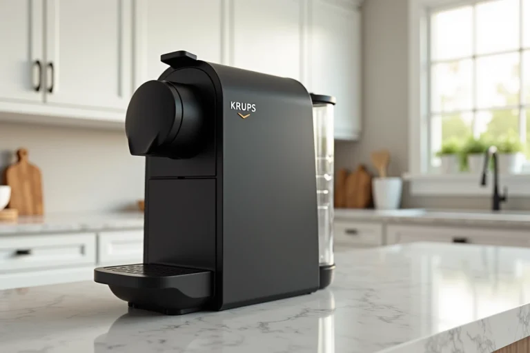 Machine à café automatique Krups EA815070 noire posée sur un plan de travail en marbre dans une cuisine moderne