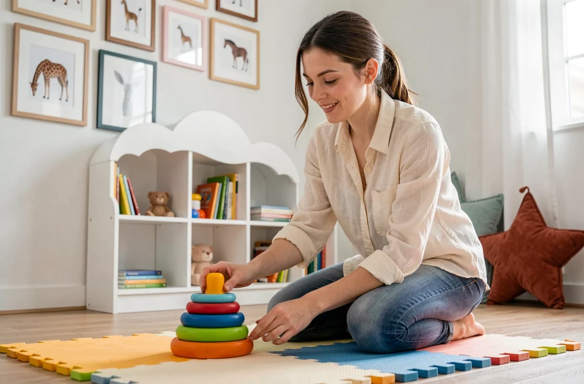 Jeune mère arrangeant des jouets colorés sur un tapis de jeu dans une chambre de bébé décorée