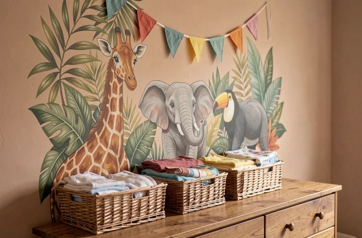 Mural jungle peint à la main dans une chambre de bébé avec dresser en bois et paniers en osier