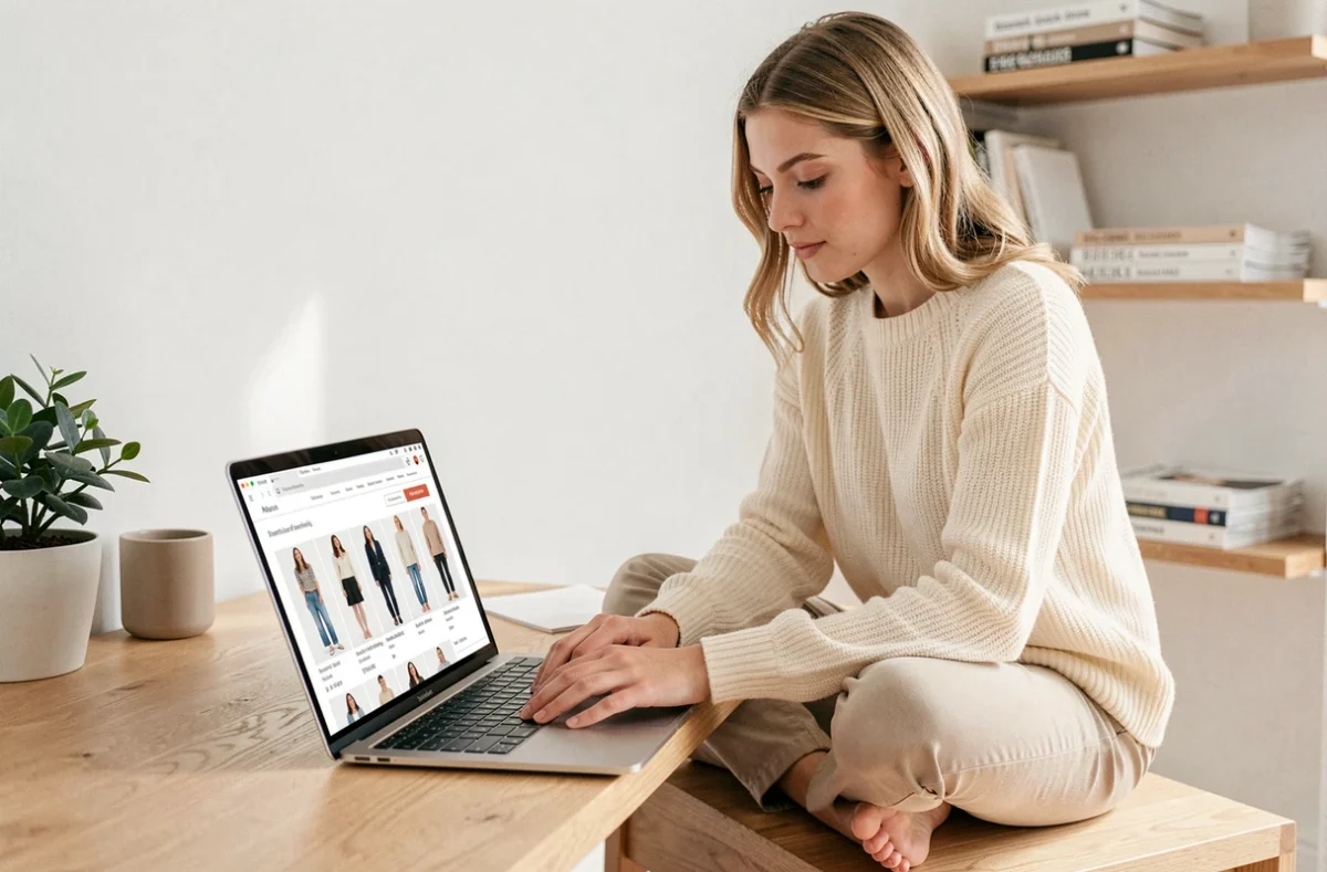 Jeune femme naviguant sur un site de mode en ligne depuis un bureau minimaliste avec un ordinateur portable ouvert