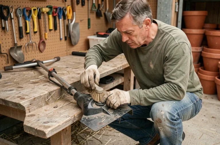 Homme entretenant la tête de coupe d'un coupe-bordure thermique avec une brosse dans un atelier de jardin