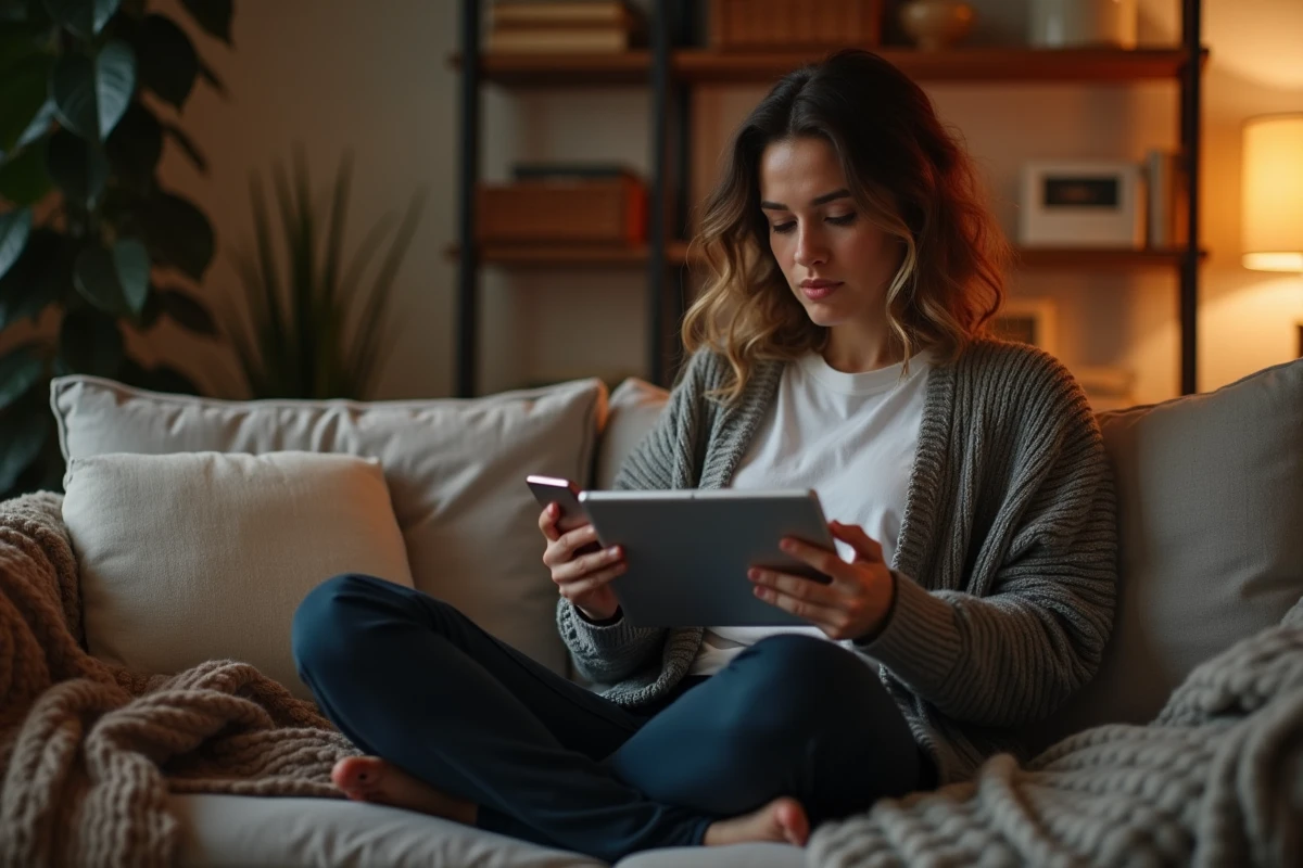 Femme chez elle consultant les paramètres de confidentialité d'Instagram pour gérer ses stories anonymes en toute sécurité