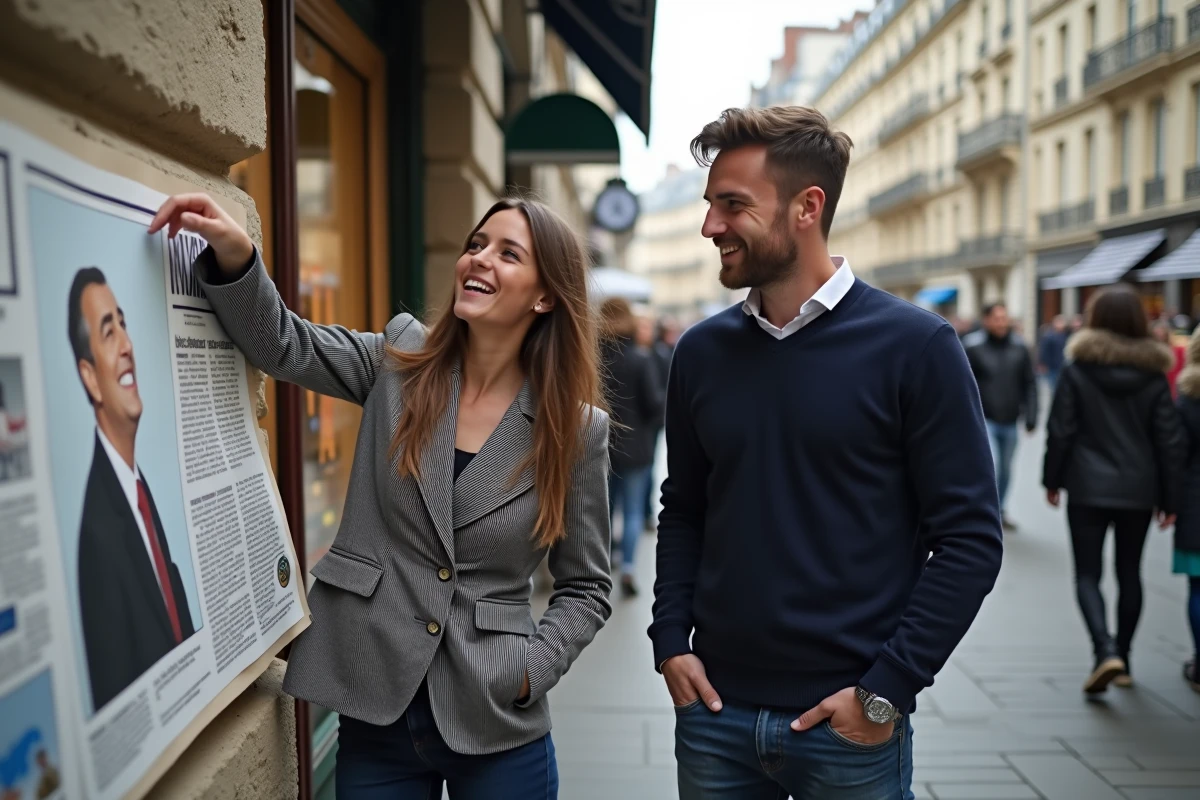 Jeunes adultes riant devant une caricature dans la rue