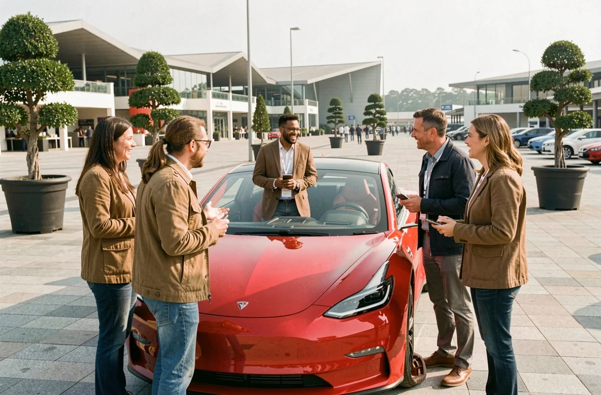 Groupe de passionnés admirant une supercar électrique rouge lors d'un salon automobile en plein air
