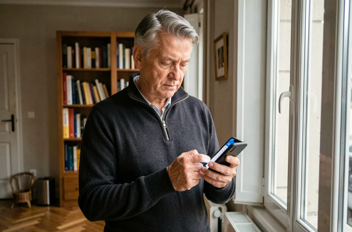 Personne accédant à son compte IntraParis Nomade depuis son domicile via un smartphone dans un appartement parisien