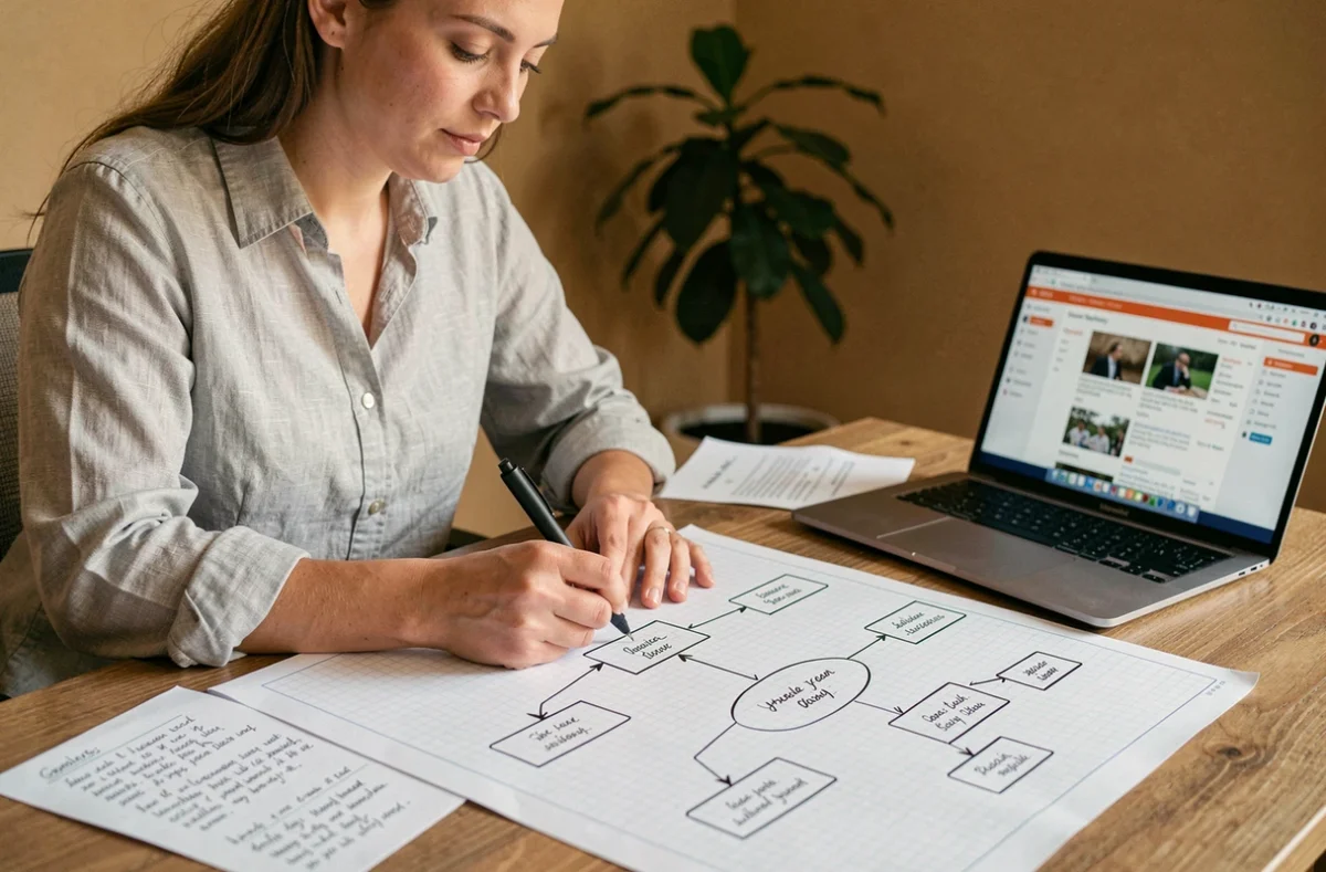 Femme dessinant un plan de site web hiérarchique sur papier quadrillé dans un bureau moderne