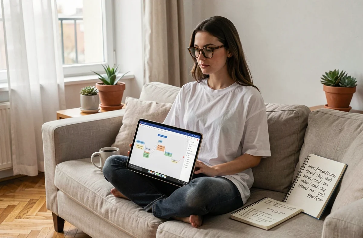 Jeune femme travaillant sur un plan de site blog avec une application de wireframing sur tablette
