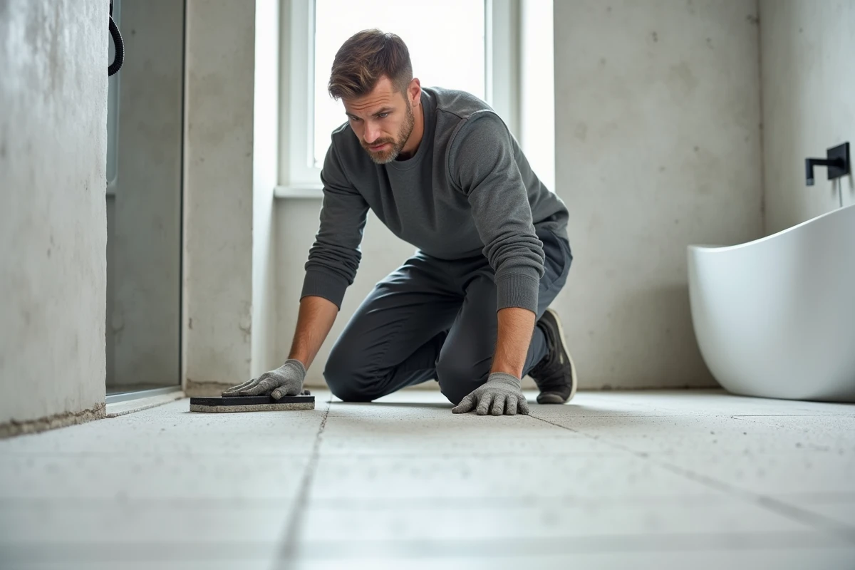 Homme posant des carreaux terrazzo dans une salle de bain moderne, tendances rénovation sol 2024