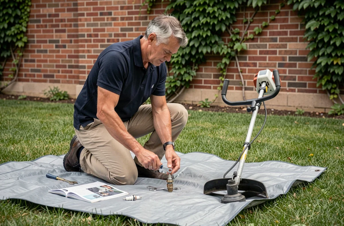 Homme remplaçant la bougie d'allumage d'un coupe-bordure thermique dans un jardin résidentiel