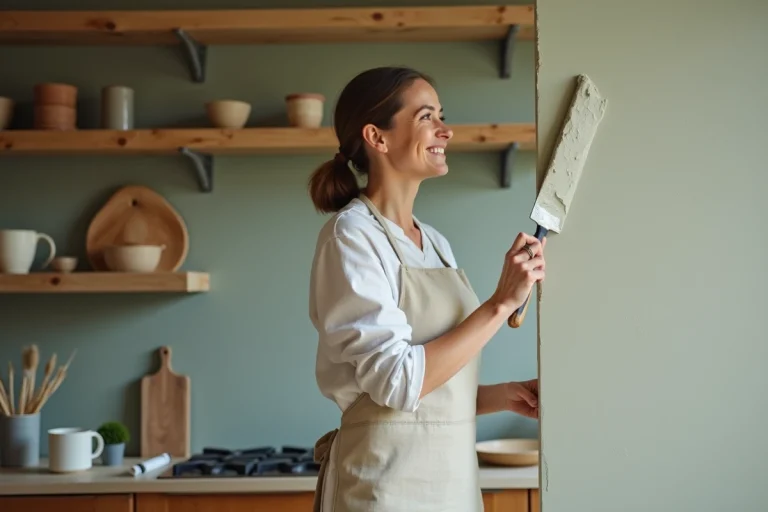 Femme rénovant un mur de cuisine avec un enduit texturé, tendances décoration intérieure 2024