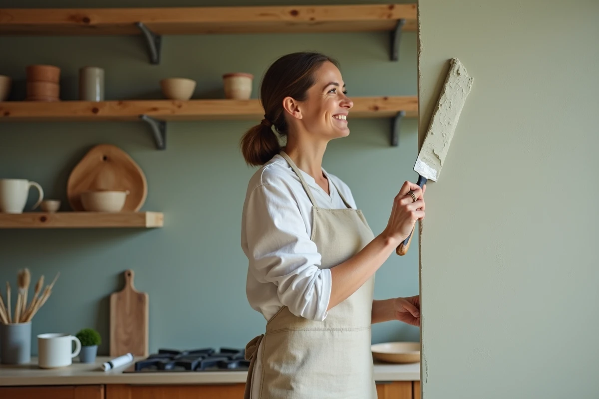 Femme rénovant un mur de cuisine avec un enduit texturé, tendances décoration intérieure 2024