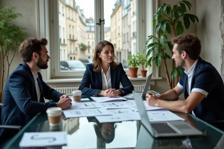 Réunion de sélection d'une agence de développement d'applications mobiles à Paris dans un espace de coworking moderne