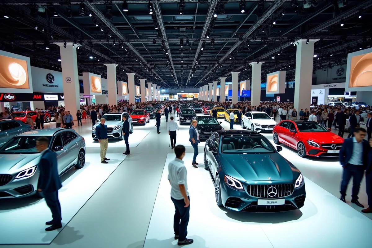 Salon de l'automobile international avec voitures de série et prototypes exposés devant des visiteurs