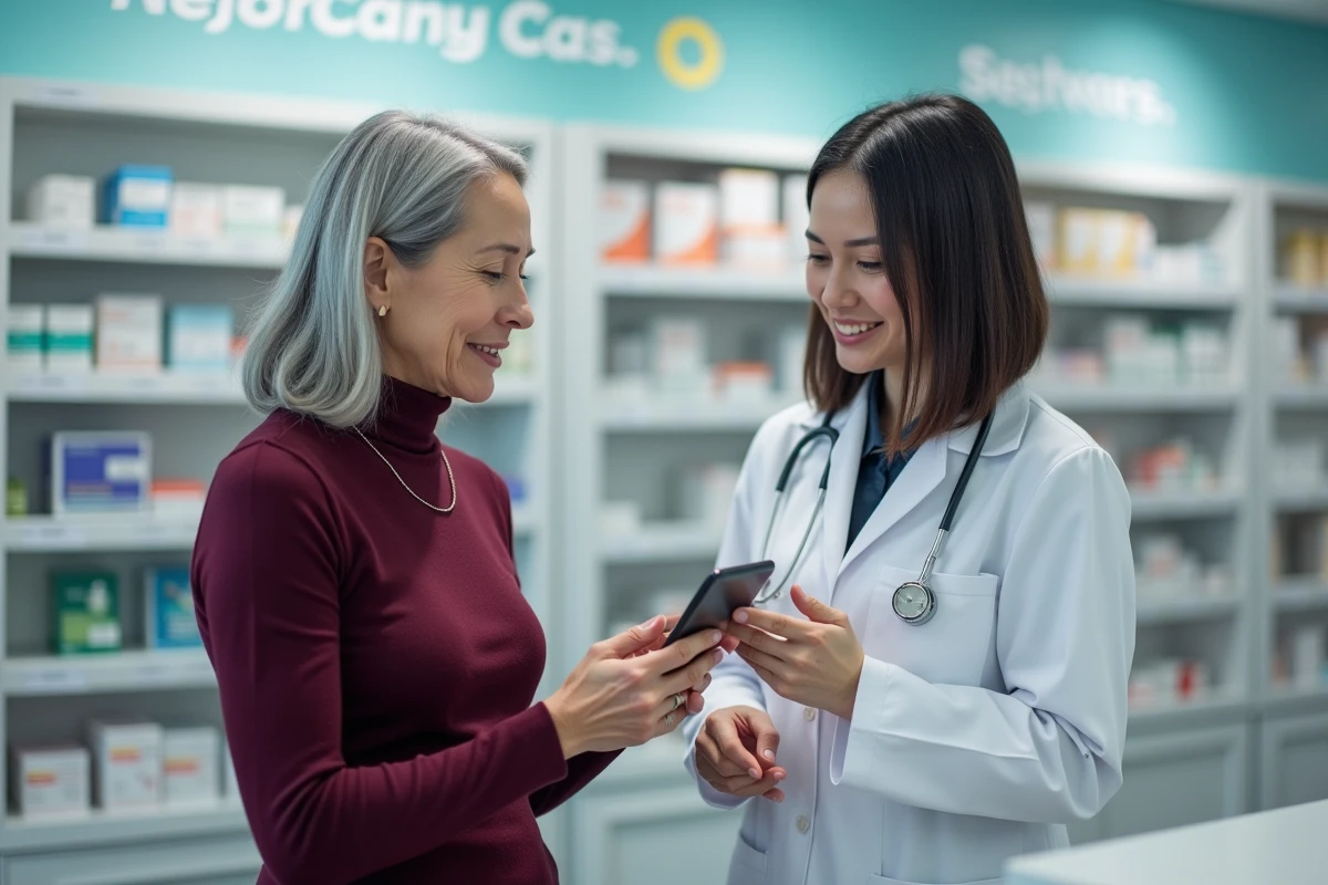 Une femme senior montrant une application de santé sur smartphone à un pharmacien, illustrant les services numériques d'accompagnement médical