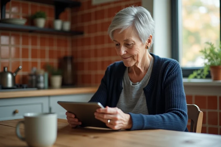 Une femme senior utilisant une tablette numérique dans sa cuisine pour accéder à des services en ligne au quotidien