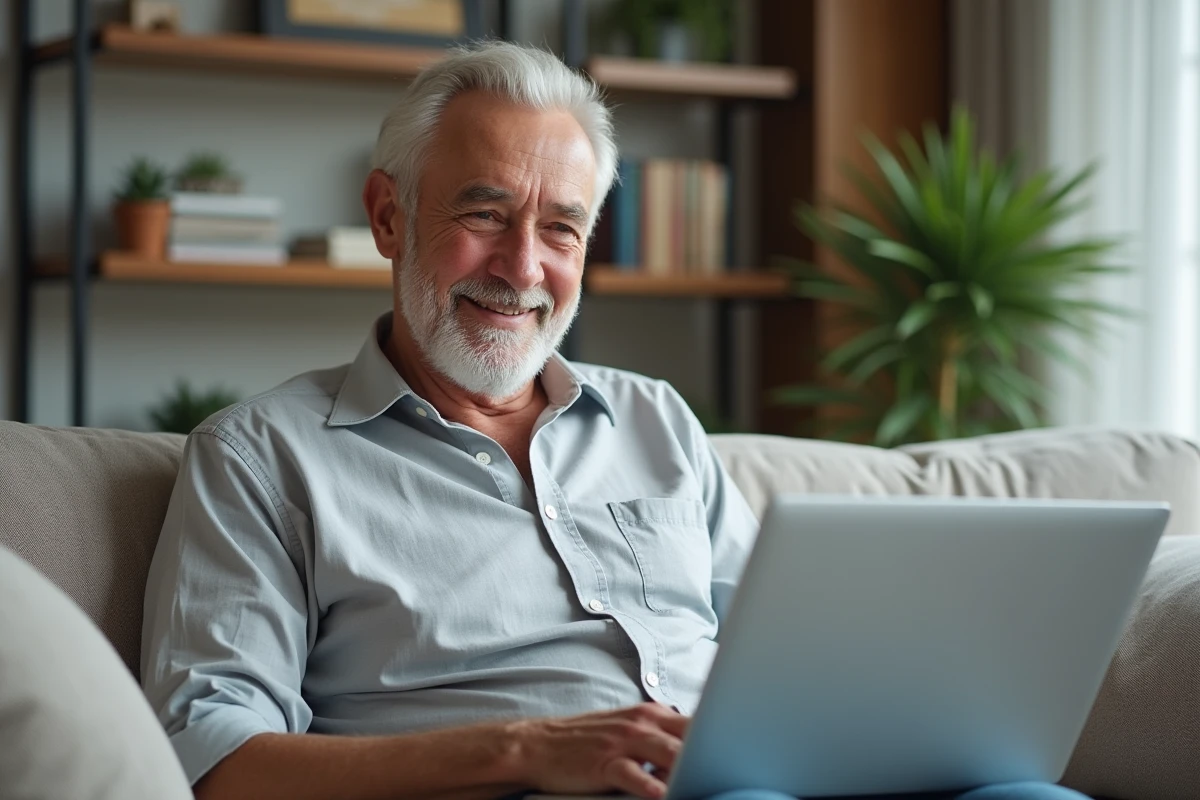 Un homme âgé souriant lors d'un appel vidéo sur ordinateur portable, illustrant l'usage des services numériques pour les seniors