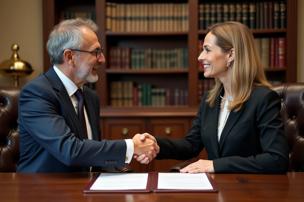 Signature d'un chèque de 10 000 euros chez un notaire lors d'une transaction officielle