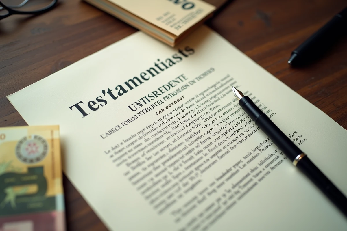 Vue aérienne d'un testament notarial avec stylo plume et billets en euros sur un bureau en chêne, illustrant les frais de succession