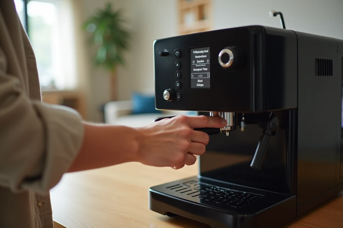Mains d'une personne utilisant le panneau de commande de la machine à café Krups EA815070 avec affichage numérique