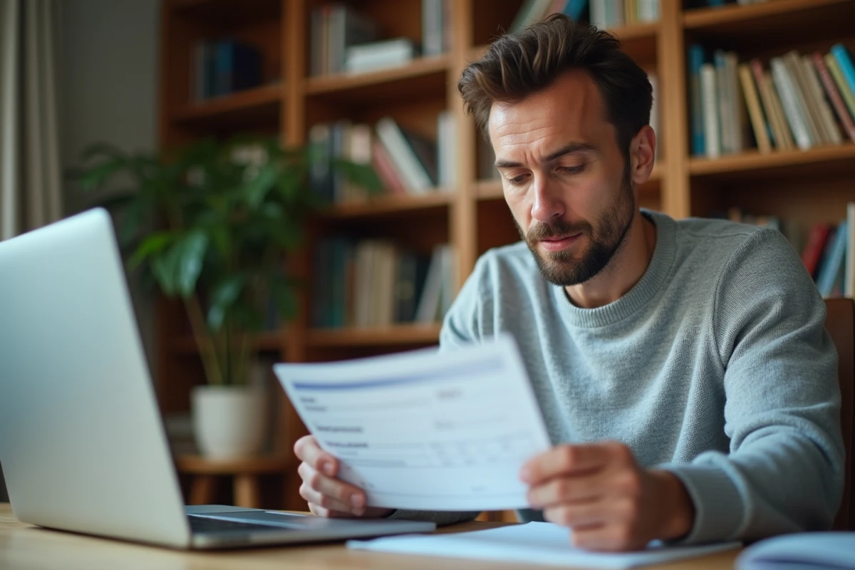 Homme vérifiant un chèque de 10 000 euros depuis son bureau à domicile