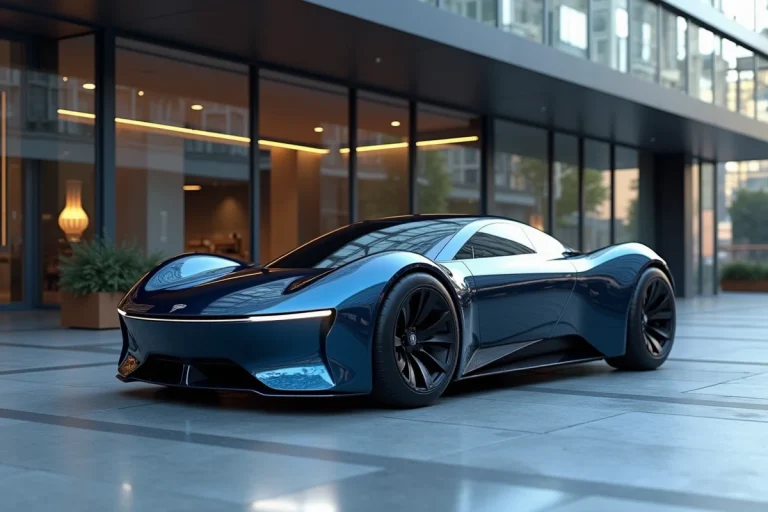 Voiture électrique concept au design aérodynamique futuriste garée dans un quartier urbain moderne