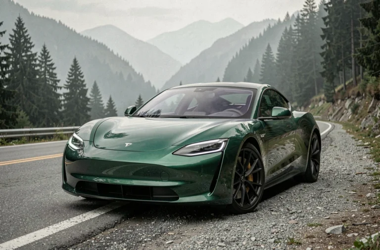 Voiture de sport électrique verte garée sur une route de montagne sinueuse entourée de forêt de pins